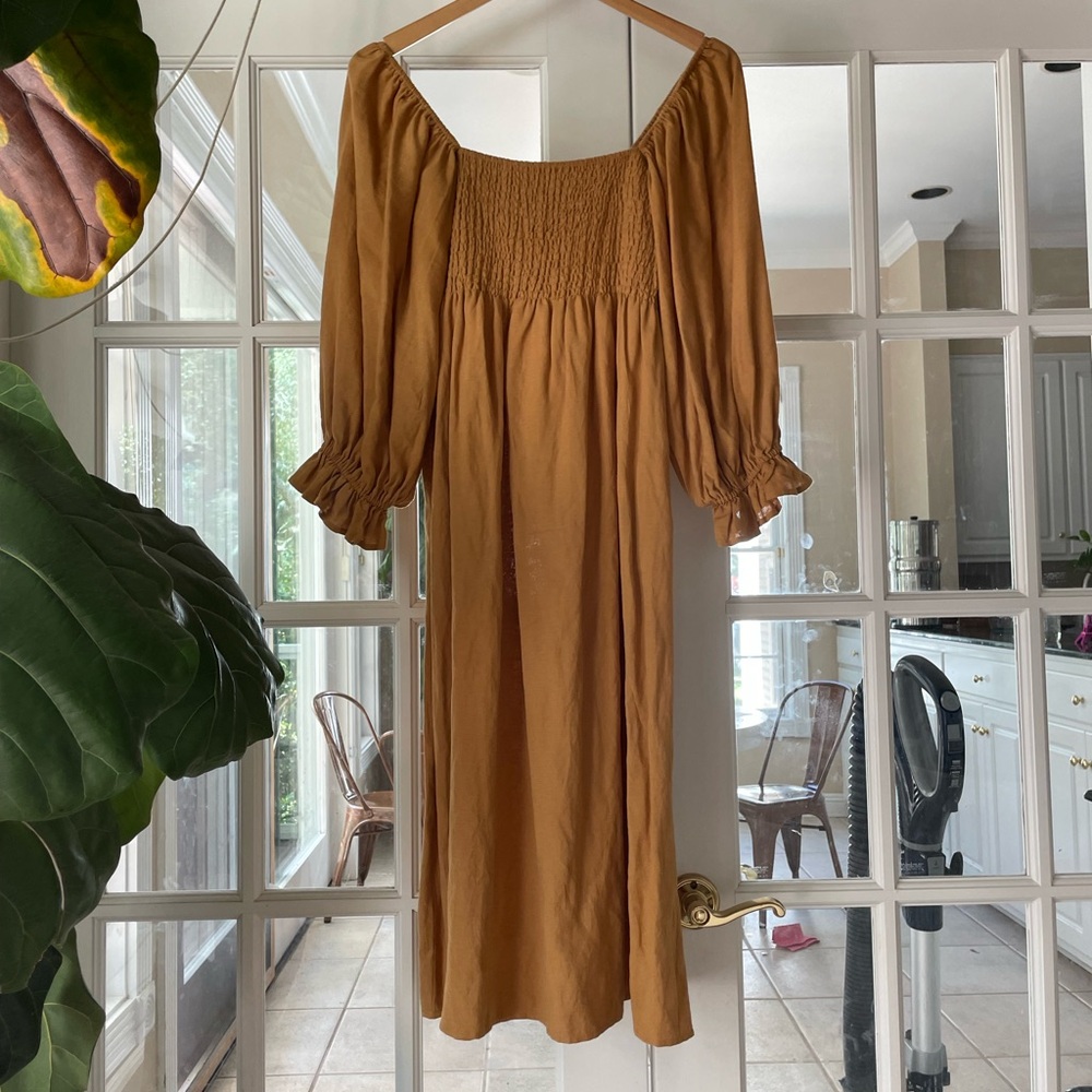 Brown linen smocked midi dress